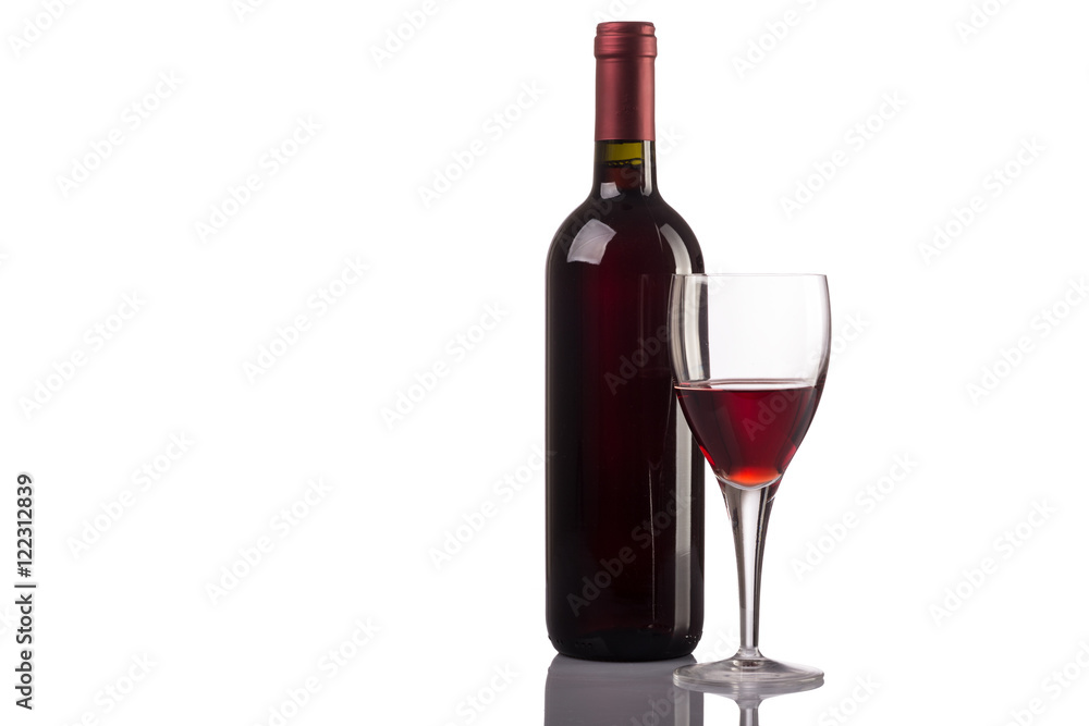 Red wine glass and bottle isolated on white background Red wine glass and bottle isolated on white background