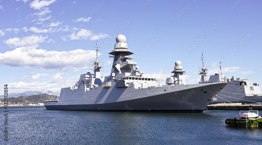 military ship in a harbour