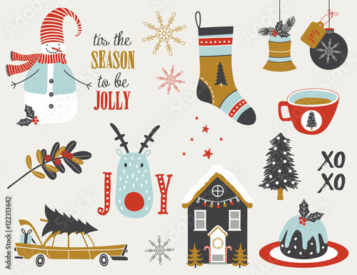 Christmas set with snowman, socks, deer, tree, cake, toys, lettering and florals.