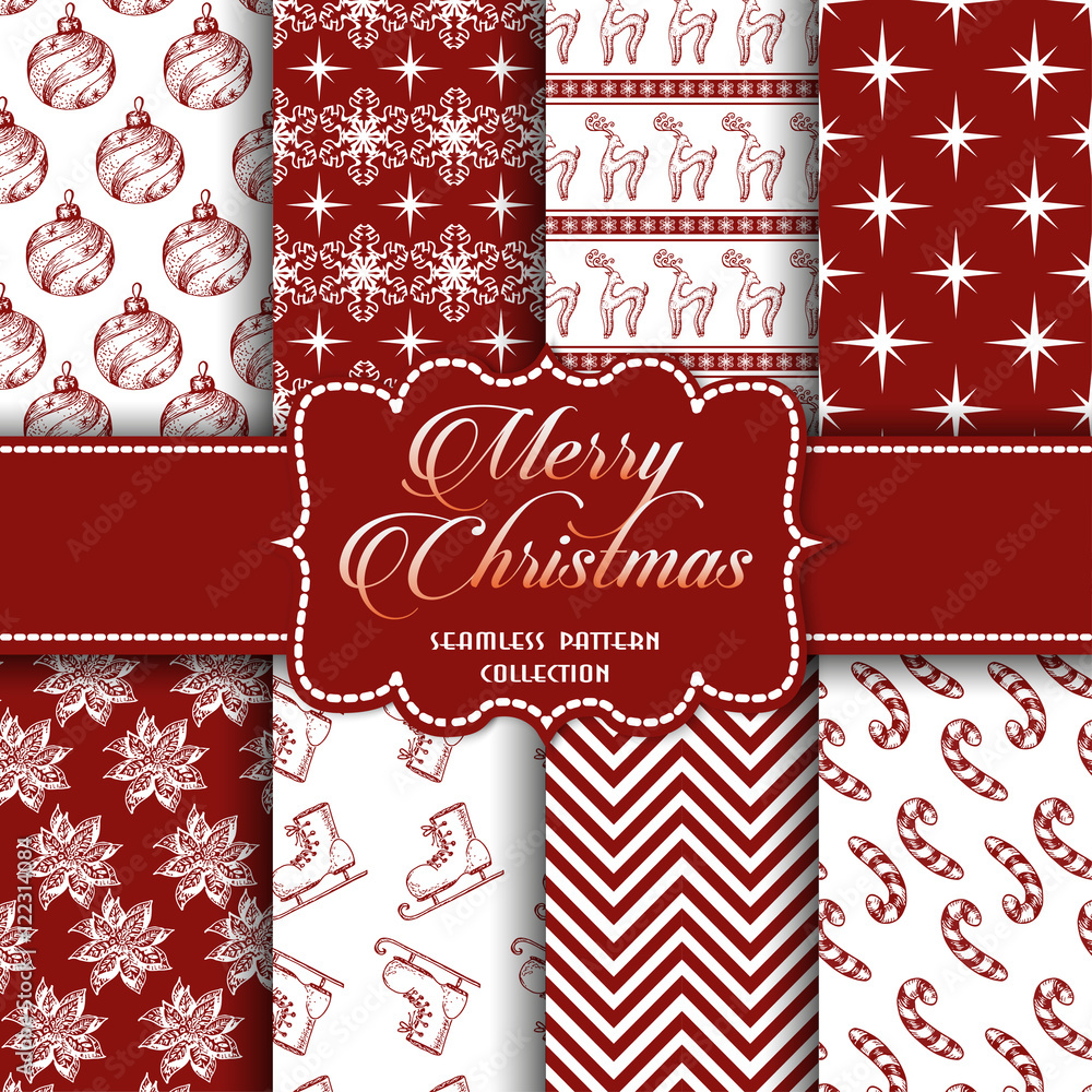 Naklejka premium Christmas Collection of seamless patterns with red and white colors