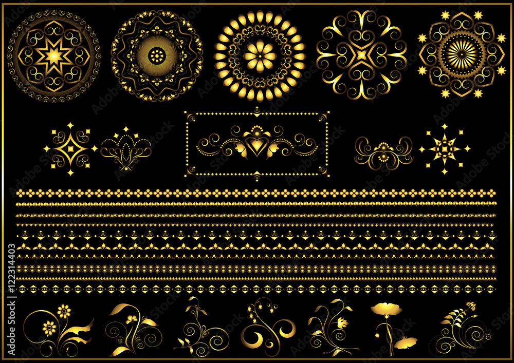 Fototapeta Vintage gold round calligraphy ornaments and border on black background