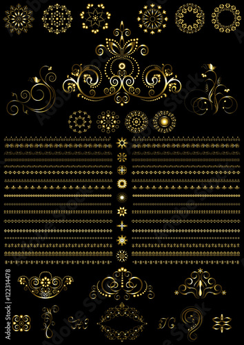 Vintage gold calligraphy round ornaments and border on black background