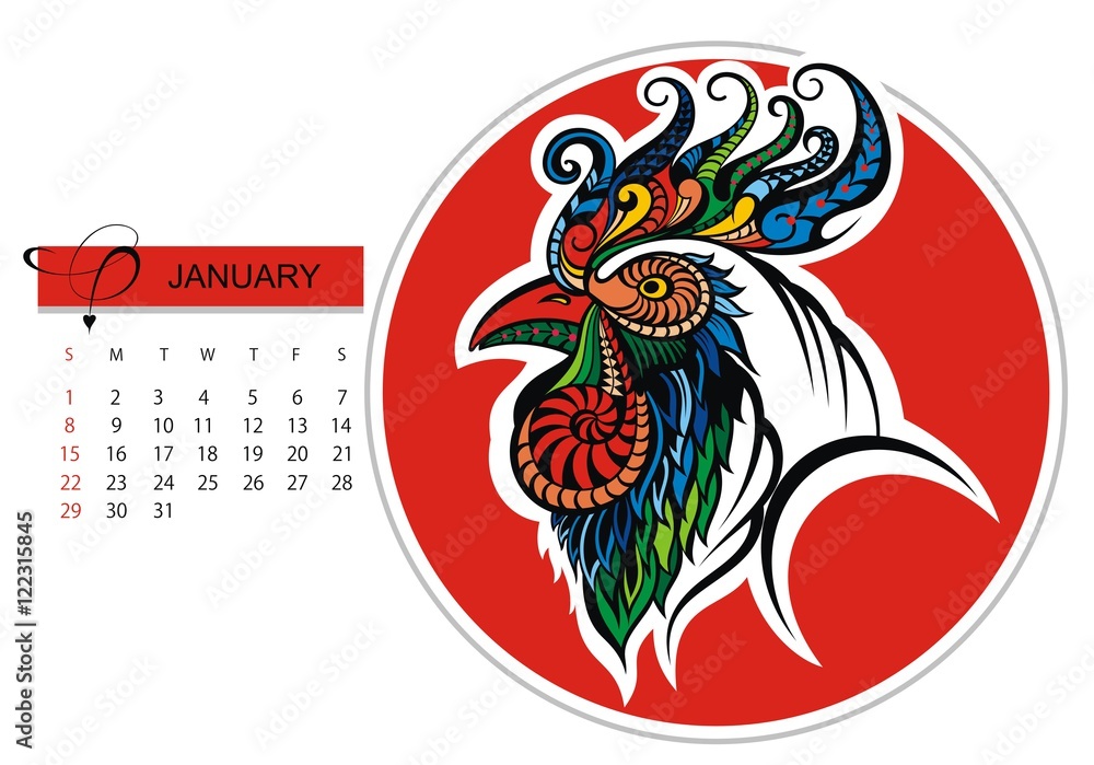 Calendar for january 2017 isolated on white, with the rooster - symbol of the year