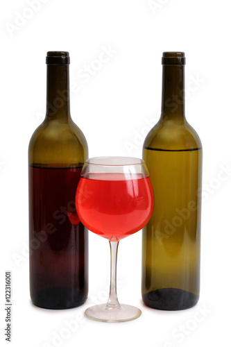 Glass and bottle wine on white background
