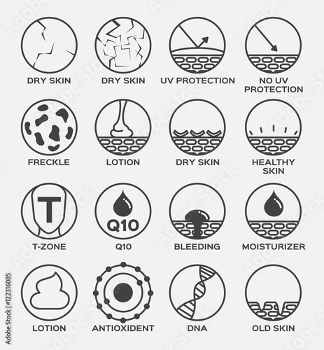 all skin icon vector version 2 . ( dry skin , uv , freckle , q10 , t zone , bleeding , dna , antioxidant , moisturizer , oily )