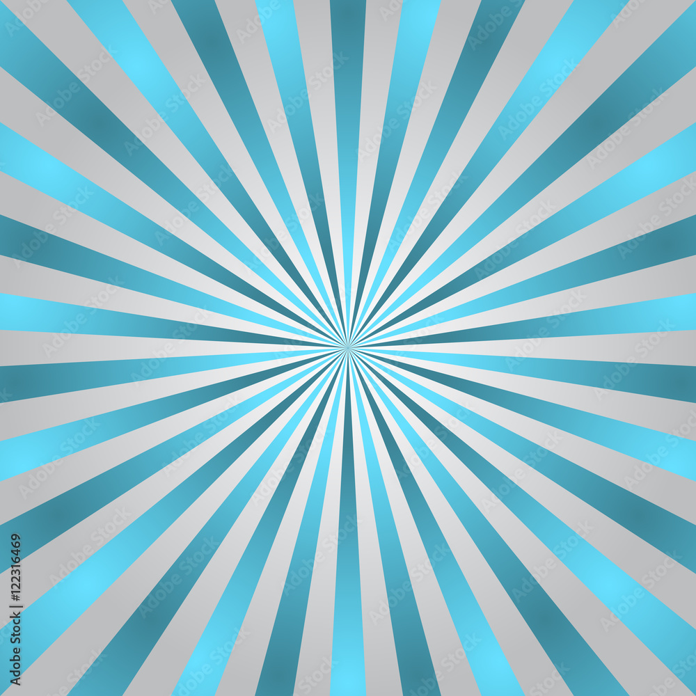 Blue gray rays poster. Popular ray star burst background television vintage. Dark-light radial abstract texture with sunburst, flare, beam. Retro art design. Glow bright pattern. Vector Illustration