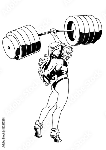 strong fitness girl,vector,illustration,logo,ink,black and white,outline,isolated on a white