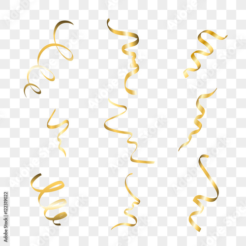 Gold streamers set. Golden serpentine ribbons, isolated on transparent background. Decoration for party, birthday celebrate or Christmas carnival, New Year gift. Festival decor. Vector illustration