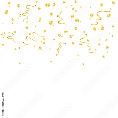 Gold confetti celebration, isolated on white background. Falling golden abstract decoration for party, birthday celebrate, anniversary or event, festive. Festival decor. Vector illustration