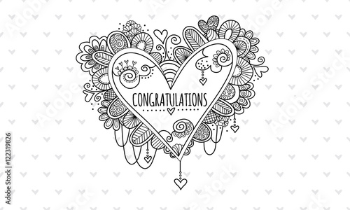 Congratulations Heart Hand Drawn Doodle Vector
Heart doodle illustration with the word congratulations in the centre of a heart and surrounded by hearts, swirls, beads and abstract shapes.