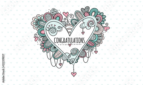 Congratulations Heart Hand Drawn Doodle Vector
Heart doodle illustration with the word congratulations in the centre of a heart and surrounded by hearts, swirls, beads and abstract shapes.