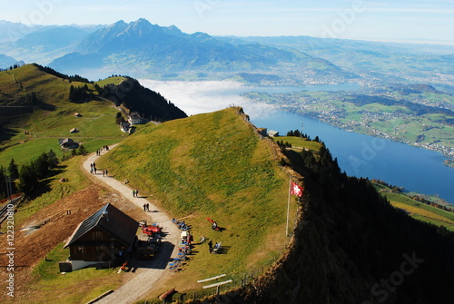 Stunning view of the Pilatus above the clouds from top of Rigi mountain, Lucerne, Switzerland. Beutiful Rigi Kulm.