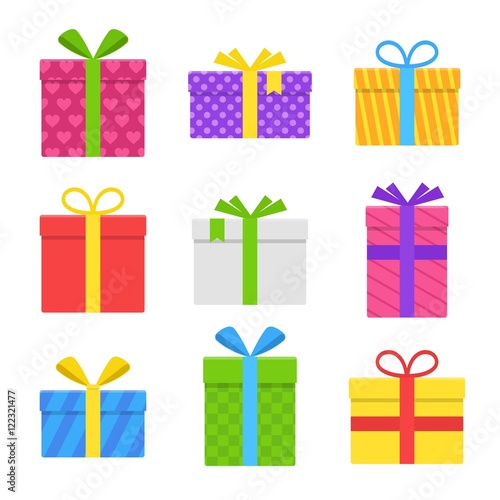 Colorful gift or present box with ribbon and bow vector set isolated on white background. Icons gifts boxes for Christmas or a birthday party in a flat style.
