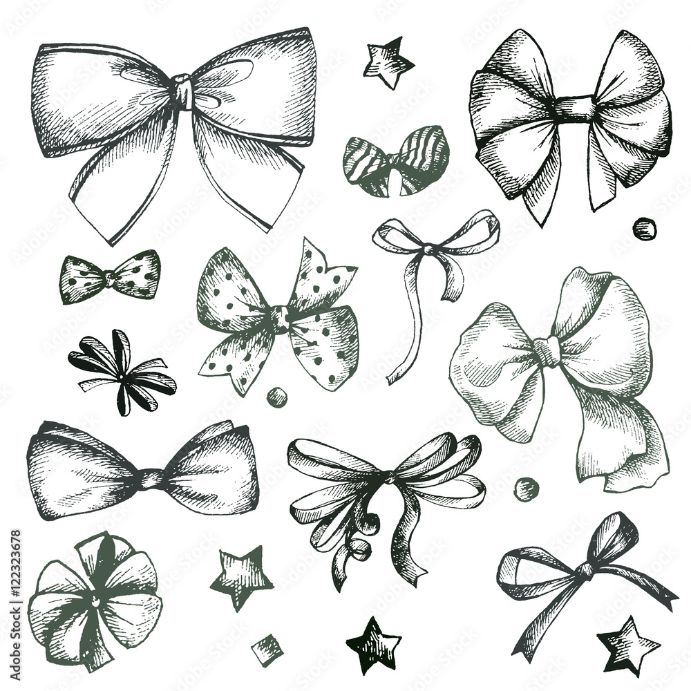 Vector hand drawn collection of lush bows and confetti. Vintage Vector hand drawn collection of lush bows and confetti. Vintage
