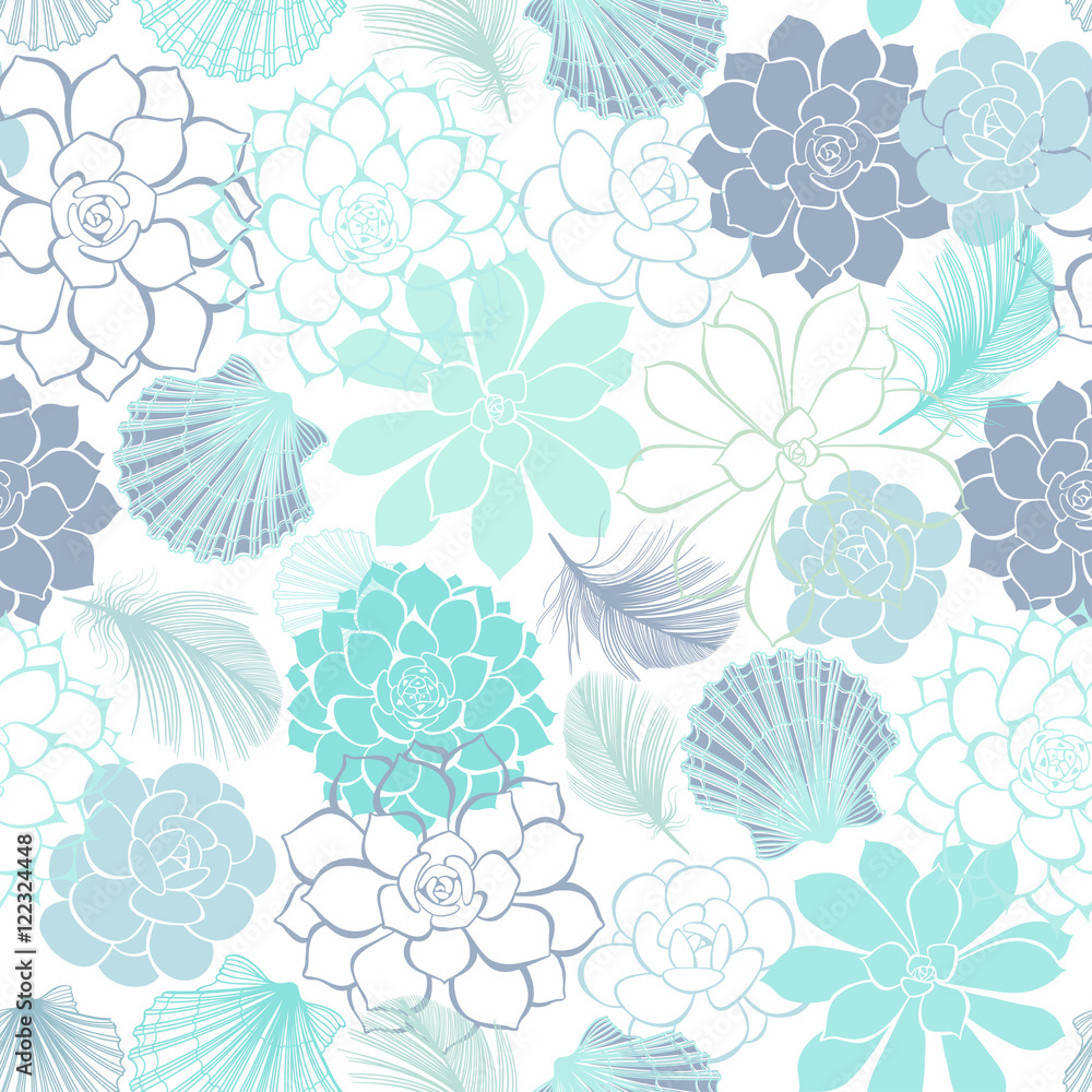 Seamless pattern with  succulents, seashells and feathers  on a white background
