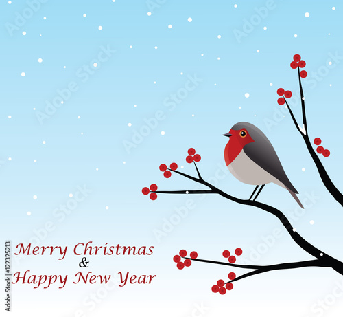Christmas Greeting With Red Robin Sitting On Branch Vector Illustration © doddis77