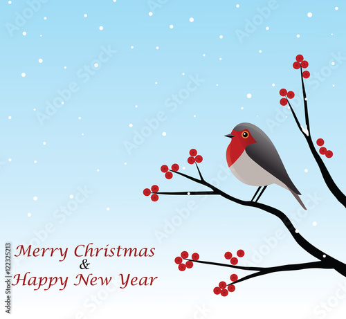 Christmas Greeting With Red Robin Sitting On Branch Vector Illustration