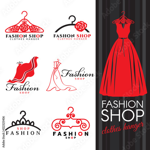 Fashion shop logo - Red dress and Clothes hanger logo vector set design