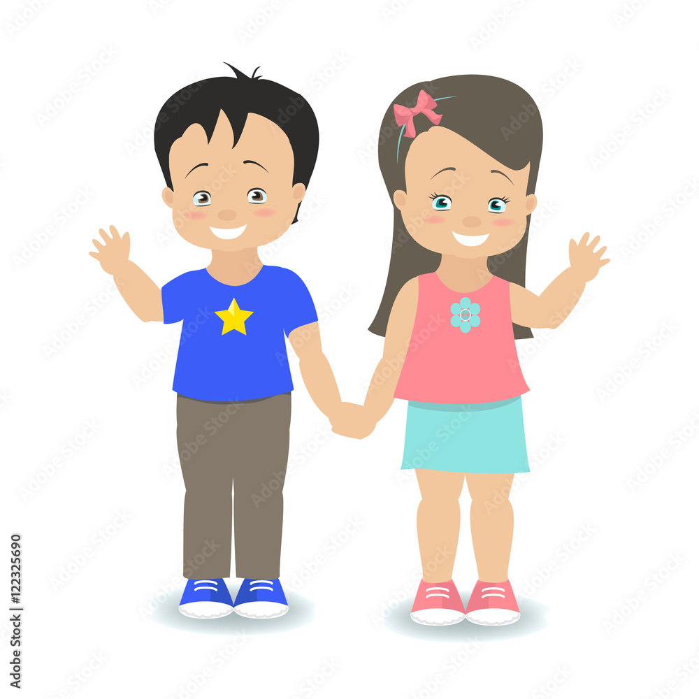 Children. Boy and girl holding hands and smiling. Vector illustration