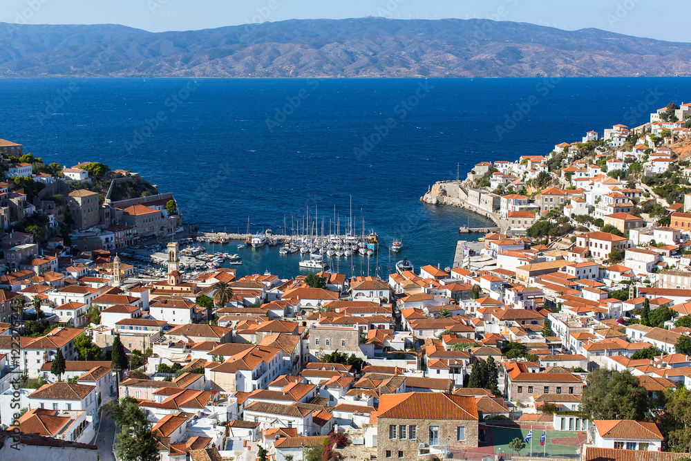 Hydra island, Greece - top view of city center and yaht marina.