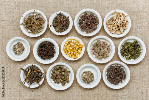 Composition of different natural dry tea leaves