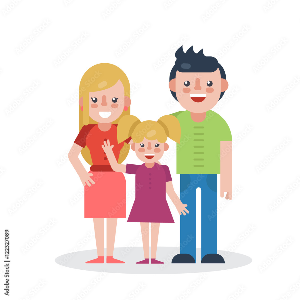 Young parents flat vector illustration. Mother, father and daughter on white background. Family flat style.