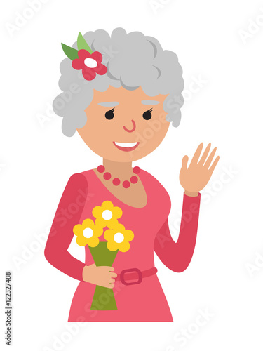 Elderly woman with flowers icon vector illustration isolated on white background. Face of grandmother, icons cartoon style.