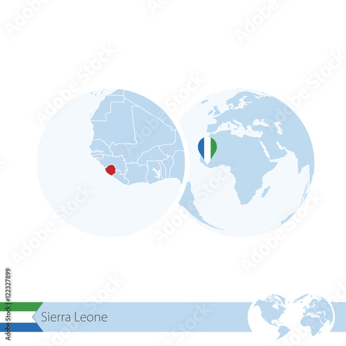 Sierra Leone on world globe with flag and regional map of Sierra Leone. photo