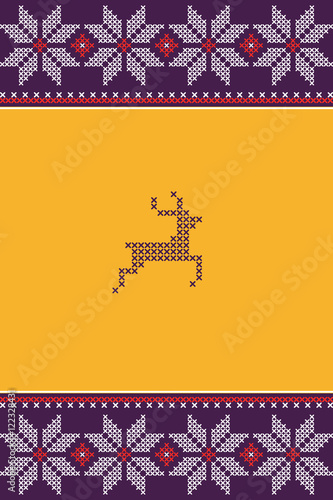 Vector Christmas greeting card with cross stitched deer and traditional ornaments. Hand made style Xmas illustration with embriodery