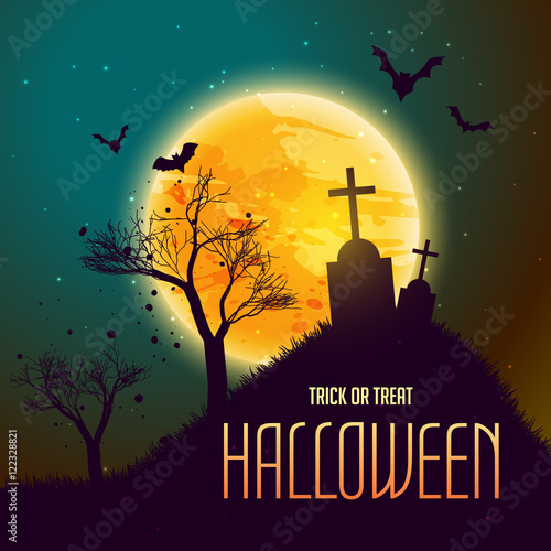 halloween background with grave in from of moon