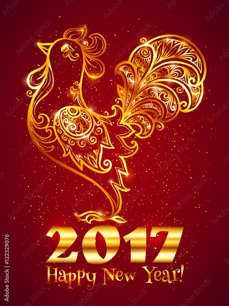 Golden lineart ornate rooster with sign Happy New Year Golden lineart ornate rooster with sign Happy New Year