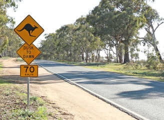 Wandcirkels Kangoeroe Geel waarschuwingsbord kangoeroe Australische weg  © Kim Britten