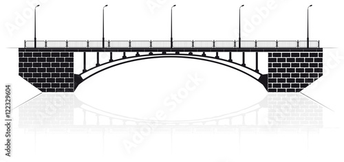 Reinforced concrete arch bridge in Kiev for cars and pedestrians. Black silhouette.