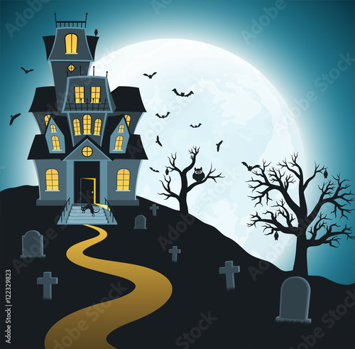 Halloween background with tombs, trees, bats, tombstones, graveyard. Spooky dark forest with dead trees and haunted house on background of bright moon.