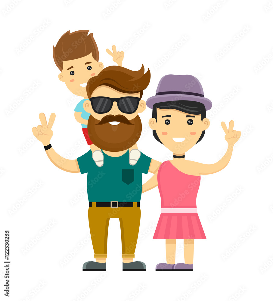 Young hipster happy family. Flat design vector illustration character. Isolated on white background. Mother, father, little son
