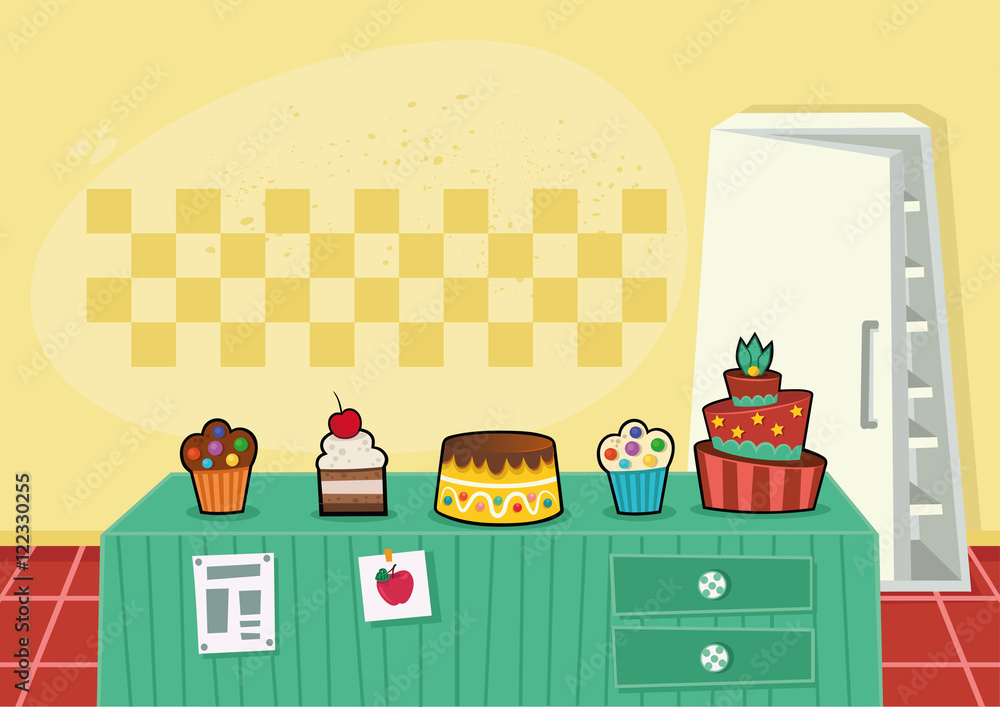 Cartoon kitchen background with bakery products and cakes. Stock Vector | Adobe Stock Cartoon kitchen background with bakery products and cakes. Stock Vector | Adobe Stock