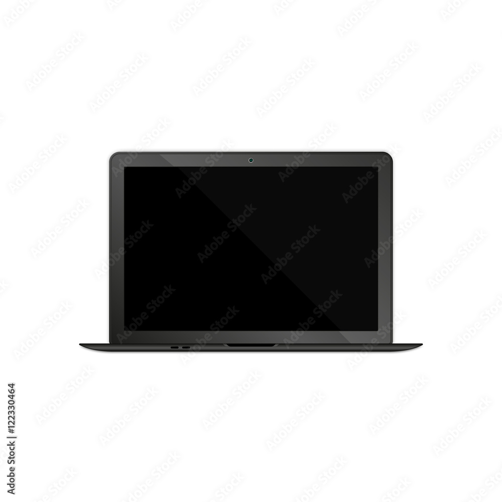 Realistic front side black laptop isolated on white background. Empty home screen. Opened lid. Realistic front side black laptop isolated on white background. Empty home screen. Opened lid.