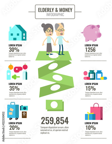 Elderly people and money saving info graphics.flat line design vector