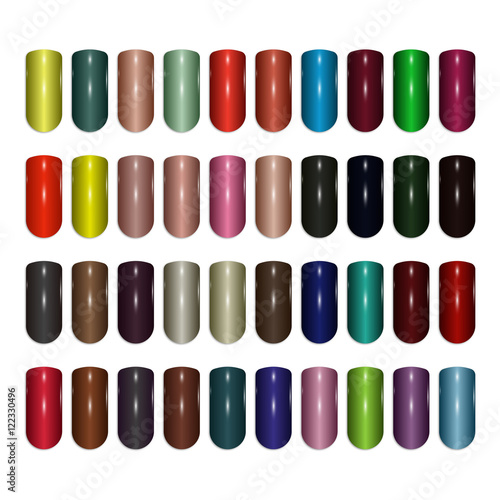 Set of colored painted nails. Nail polish in different hues and colors. Manicure illustration.