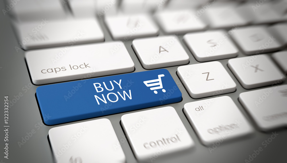 Close up on keyboard with blue buy now key Close up on keyboard with blue buy now key