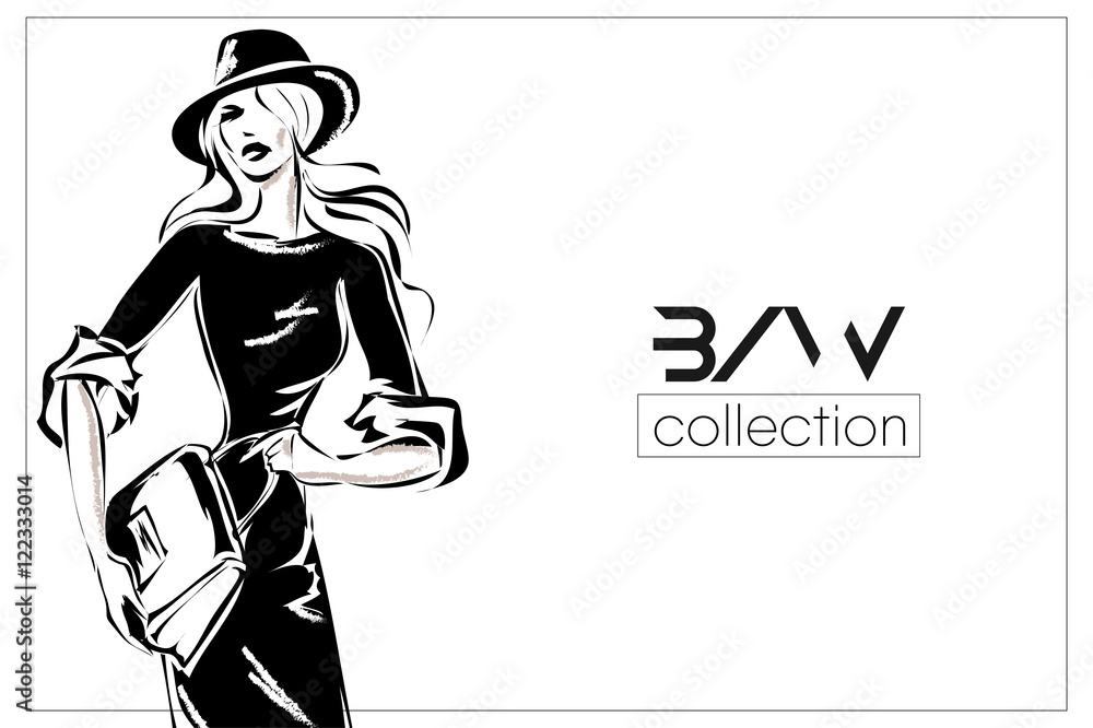 Black and white fashion woman model with boutique logo background. Vector  illustration Stock Vector | Adobe Stock