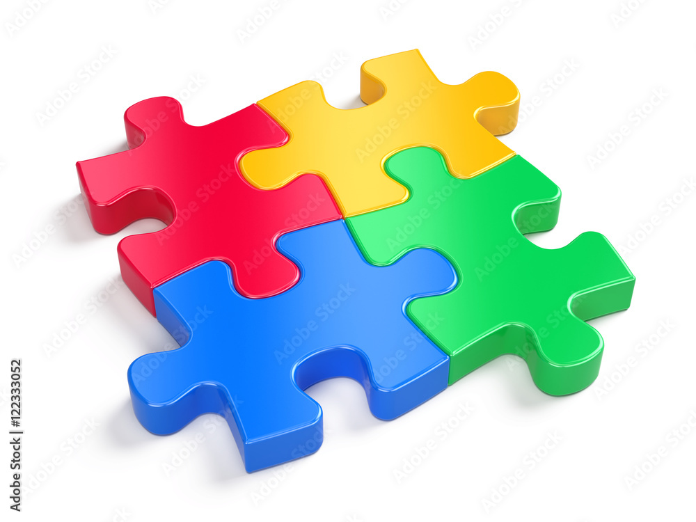 Four colorful puzzles isolated on white - partnership and partnership concept Four colorful puzzles isolated on white - partnership and partnership concept