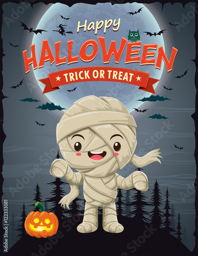 Vintage Halloween poster design with vector mummy character.