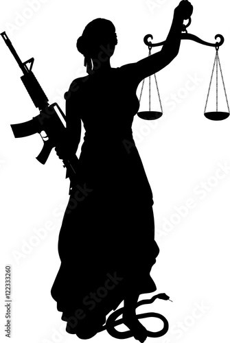 concept of modern symbol of Themis with scales, blindfolded and assault rifle