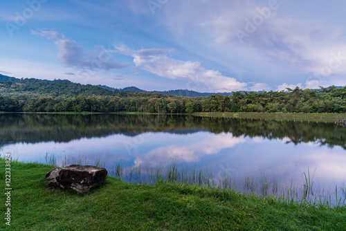 The Reservoir in twilight with reflection at Jedkod Pongkonsao Natural Study and Ecotourism Center, Saraburi, Thailand photo