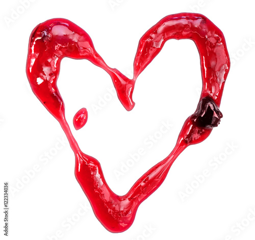 Isolated photo of cherry jam heart-shaped spot on white background (close-up, macro)