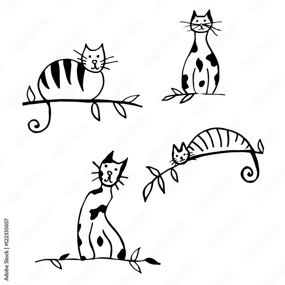 Collection of cats. Cartoon . Stylized. Pets. Line art. Drawing by hand