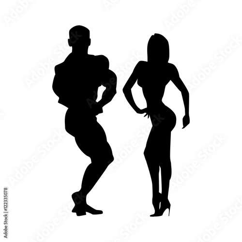 Women and men silhouettes of athletes. Two athletes together. Poses bodybuilders and fitnesbikini.
