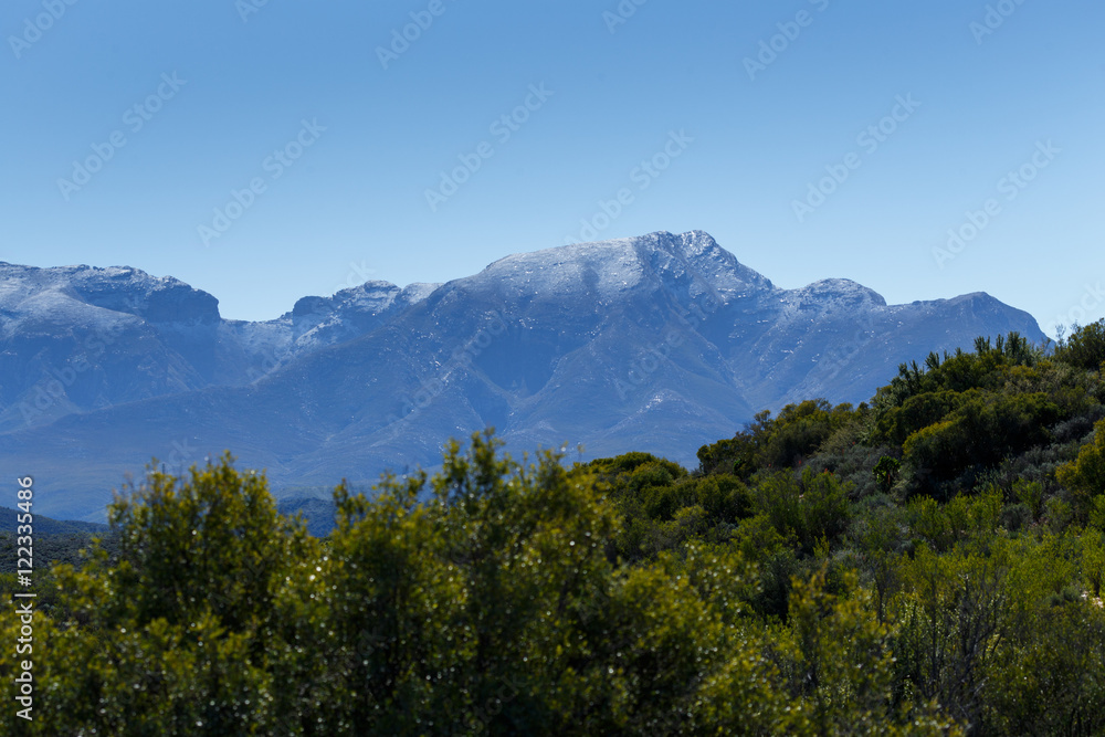 Green Landscape with silver snow filled mountain range in De Rus