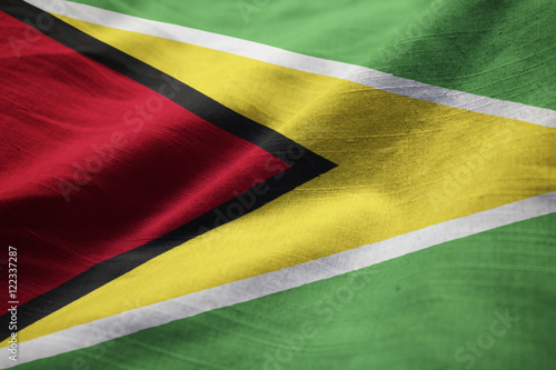 Closeup of Ruffled Guyana Flag, Guyana Flag Blowing in Wind